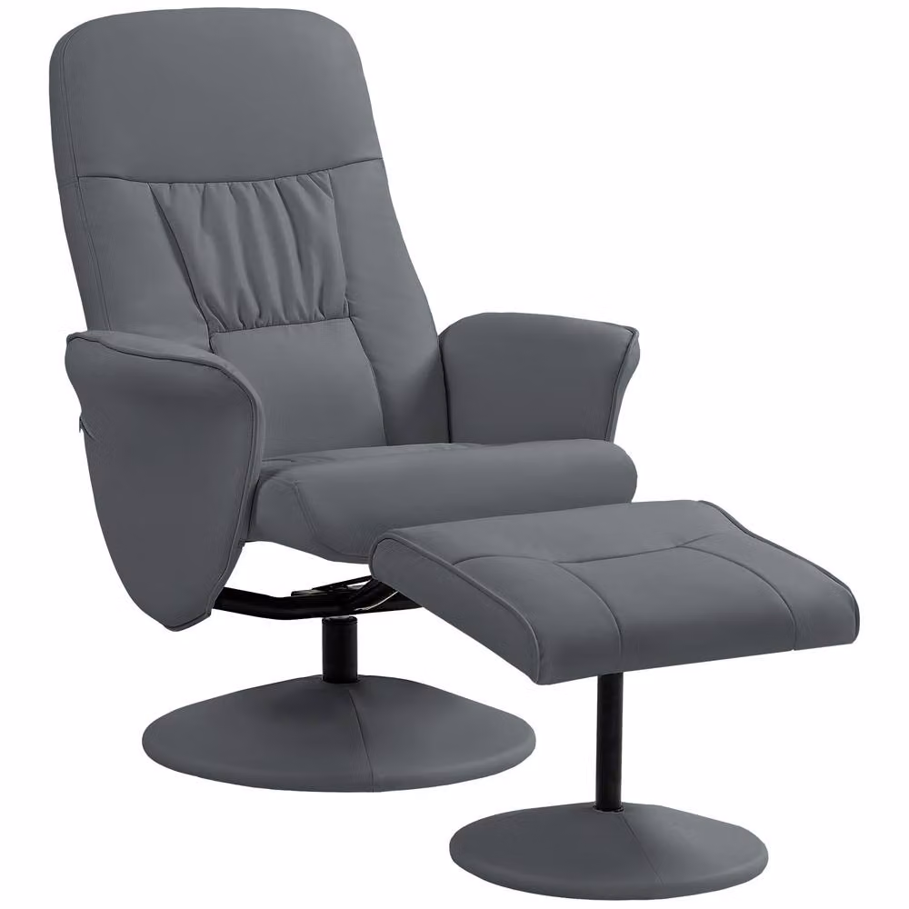 STILVORA Grey Recliner Armchair and Ottoman Set with 360 Degree Swivel Base and Synthetic Leather Upholstery – 3