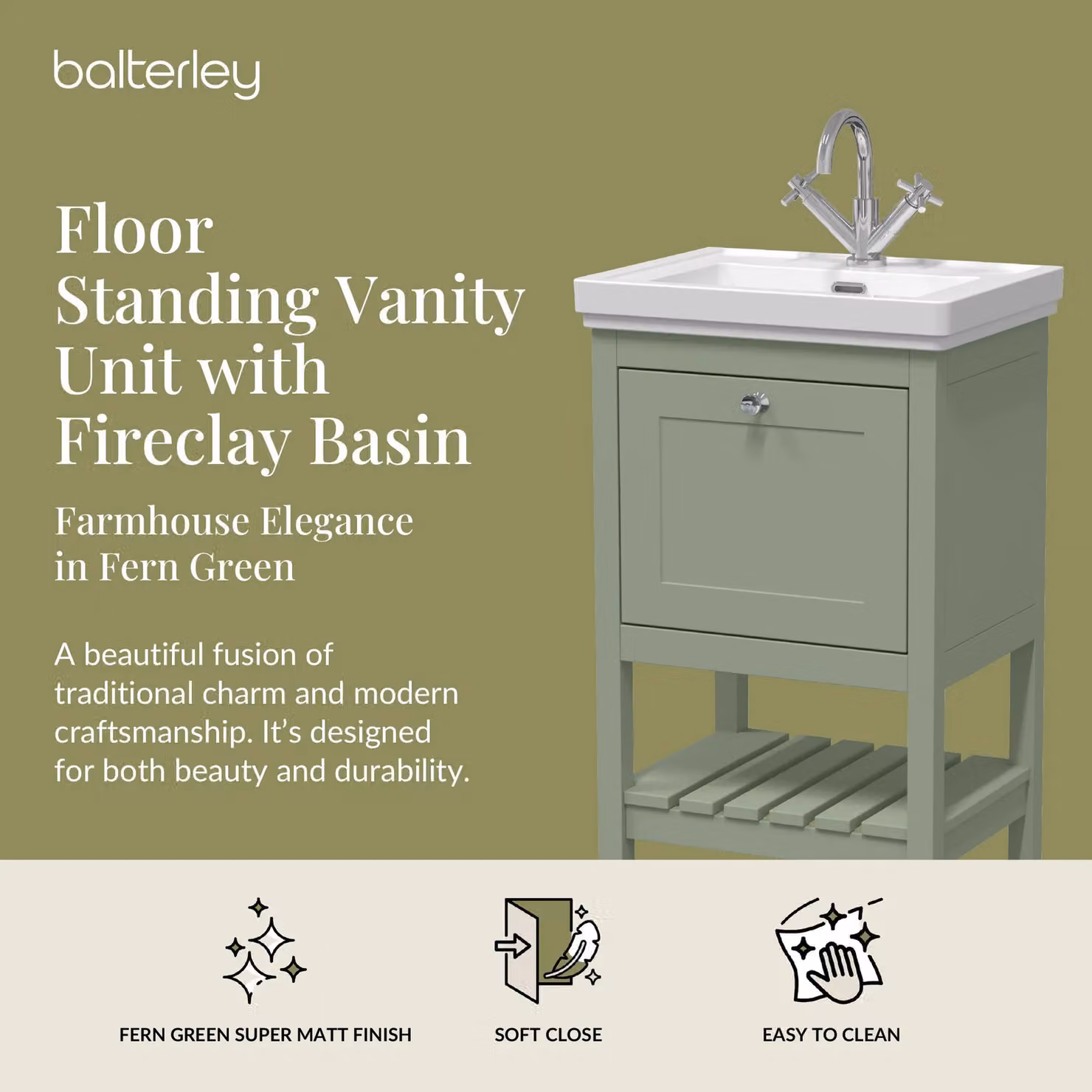 Balterley Floor Standing 1 Drawer Bathroom Vanity and Fireclay Basin, Green, W: 50 cm, H: 86.5 cm – 2