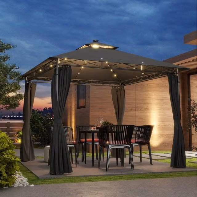 Outsunny Double Roof Garden Gazebo with Curtains, Dark Grey, W/D: 300 x 300 cm