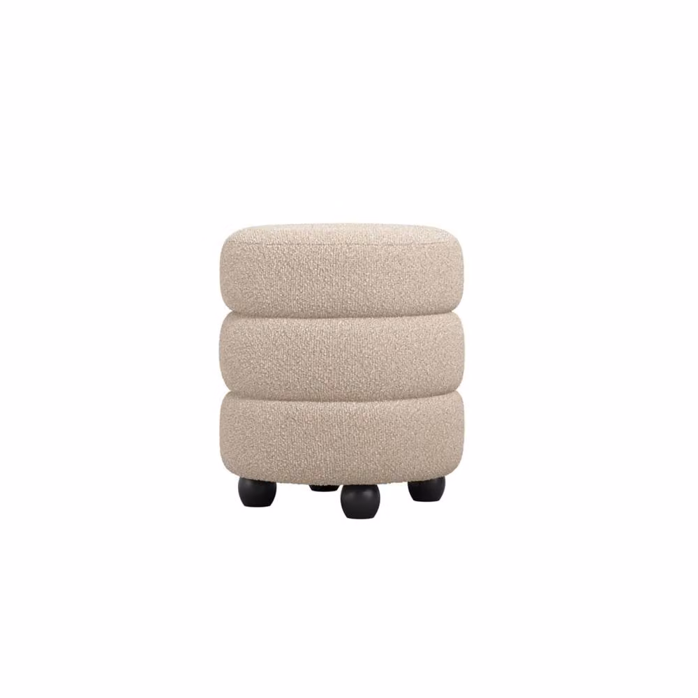 Wyld Haus Antipodes Round Bouclé Pouffe in Beige with Pine Wood Frame, Diameter: 43 cm, Height: 49.5 cm – 2