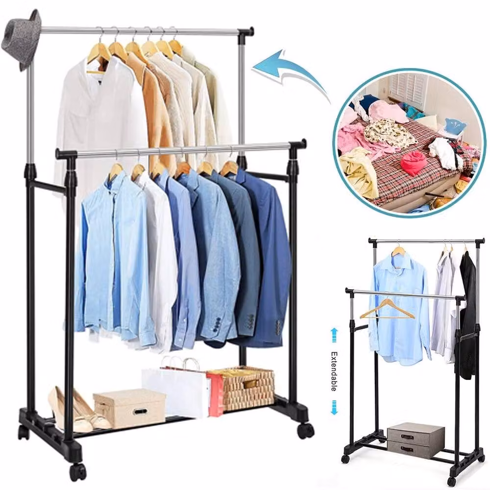 NESTLUNE Double Adjustable Mobile Garment Rack in Matt Black – 4
