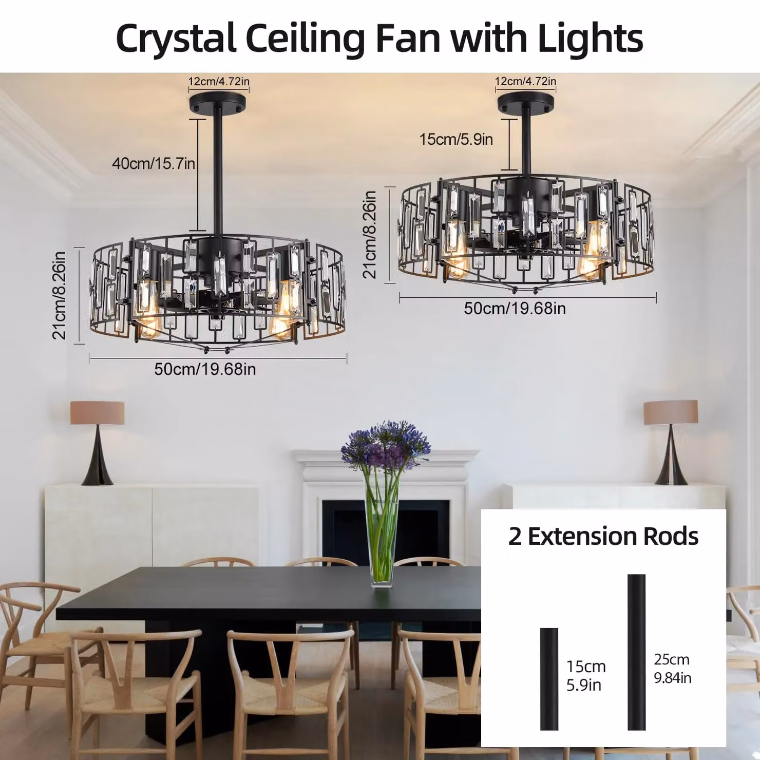 Garwarm Modern Black Ceiling Fan with Crystal Pendant Light and Remote Control, Diameter: 50 cm – 2