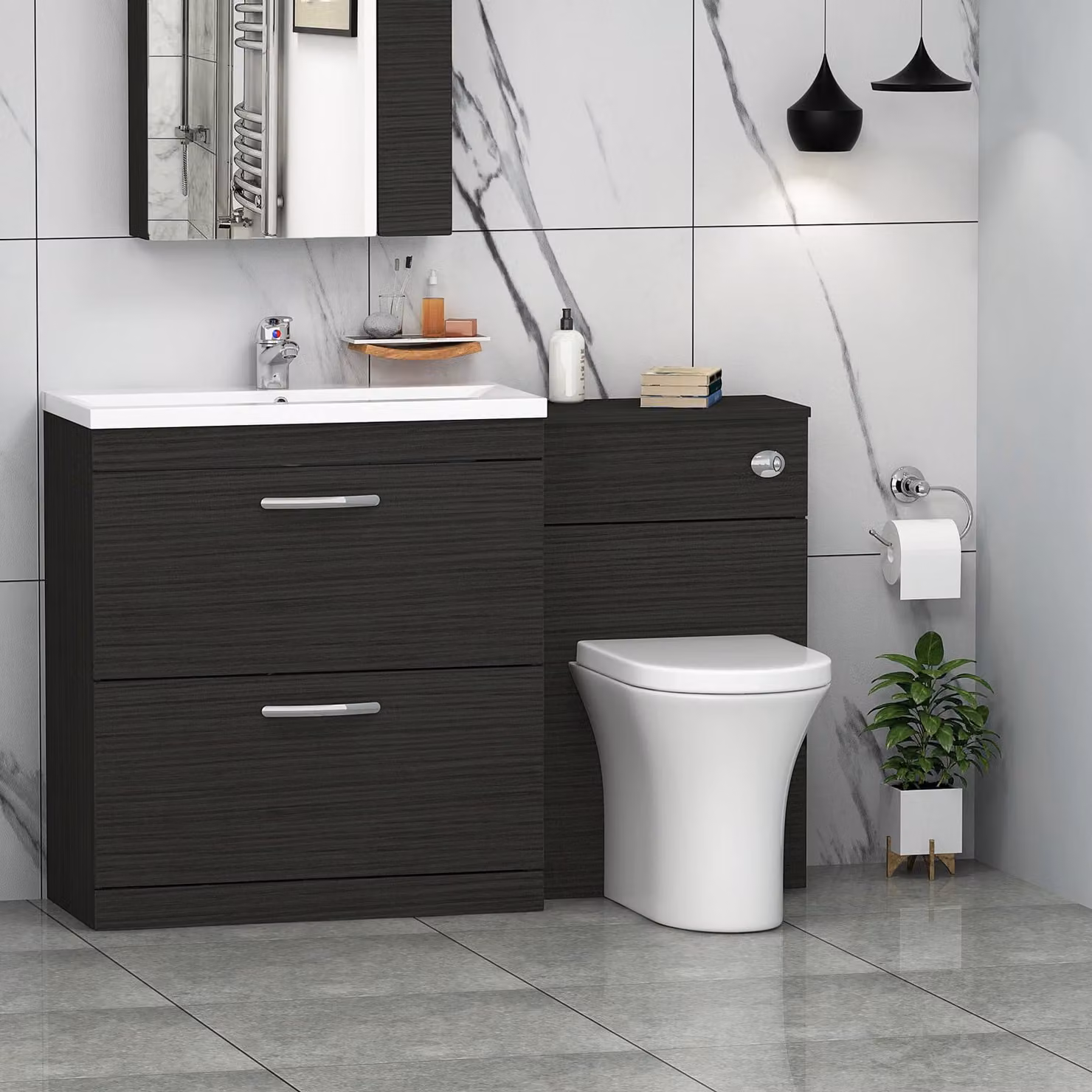 Royal Bathrooms Hale Black 2 Drawer Furniture Pack with Mid Edge Basin and Breeze Back to Wall Toilet, Width: 130 cm