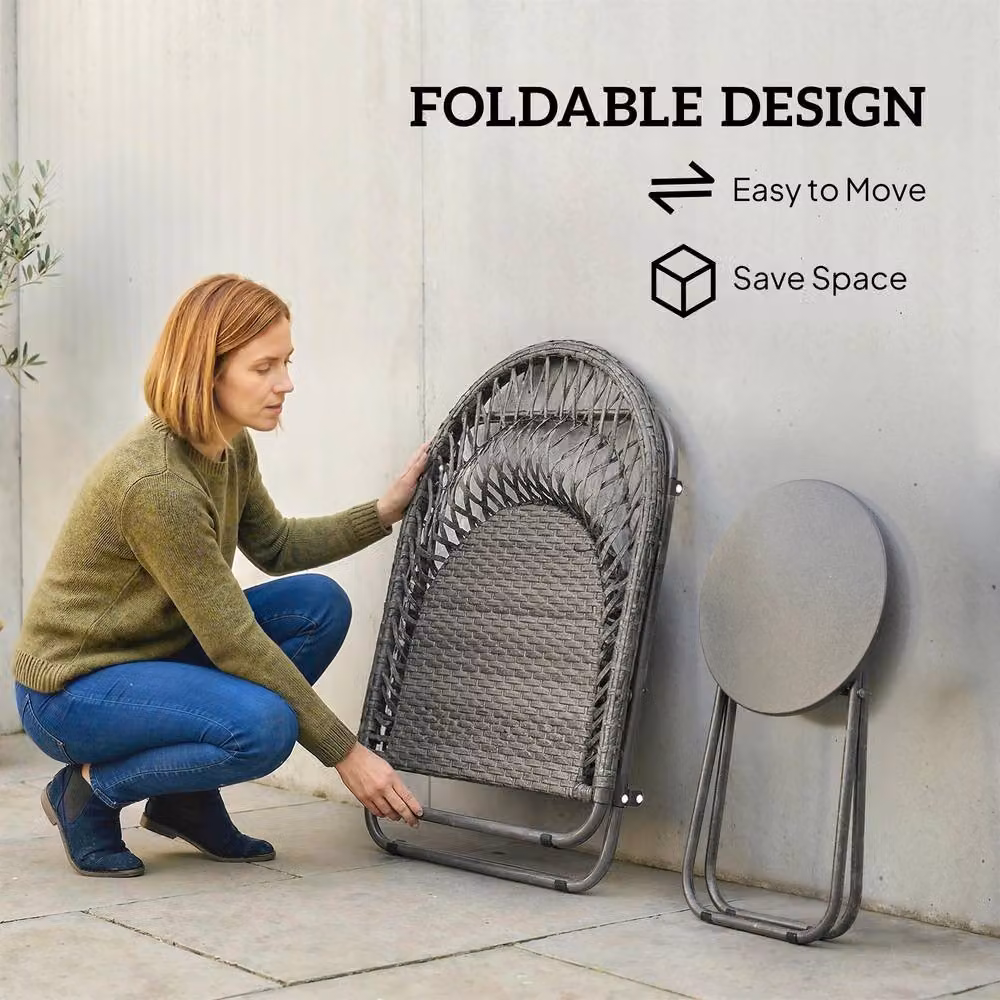Outsunny 3 Piece Grey Rattan and Metal Folding Bistro Set for 2 Adults – 6