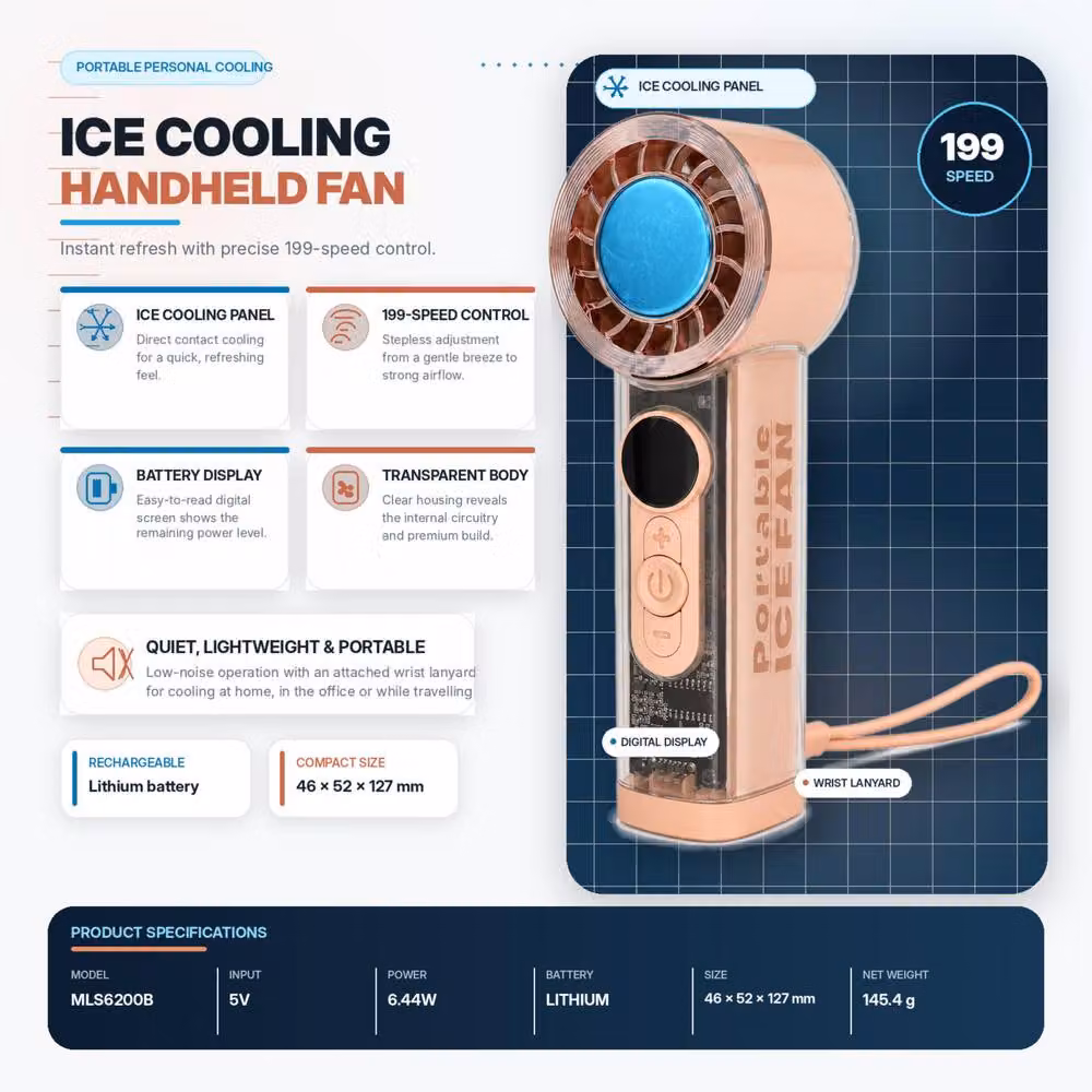 Dyzi Portable Ice Cooling Handheld Fan with 199 Speeds, USB Rechargeable, Pink – 3