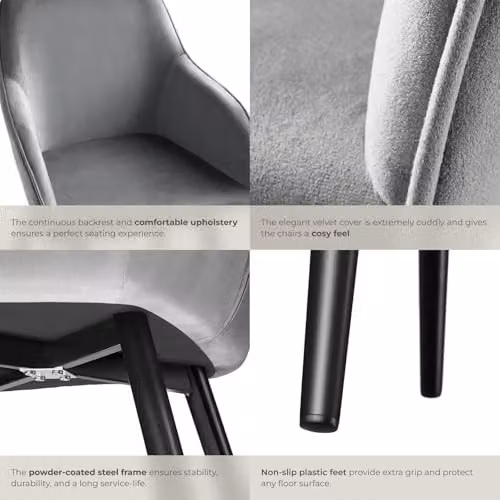 tectake Set of 4 Marilyn Dining Chairs in Grey Velvet with Black Metal Legs – 6