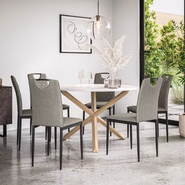 More4Homes Malvern Round Marble Effect Dining Table Set with 6 Chairs, Grey and White with Oak Legs, W/D/H: 120 x 120 x 75 cm