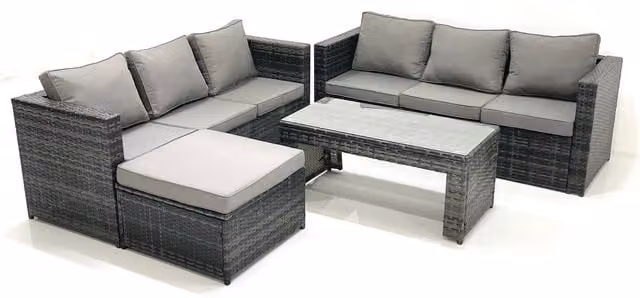 Fimous 7-Seater Outdoor Wicker Rattan Lounge Sofa Set in Dark Grey Mixed with Upholstered Cushions and Coffee Table