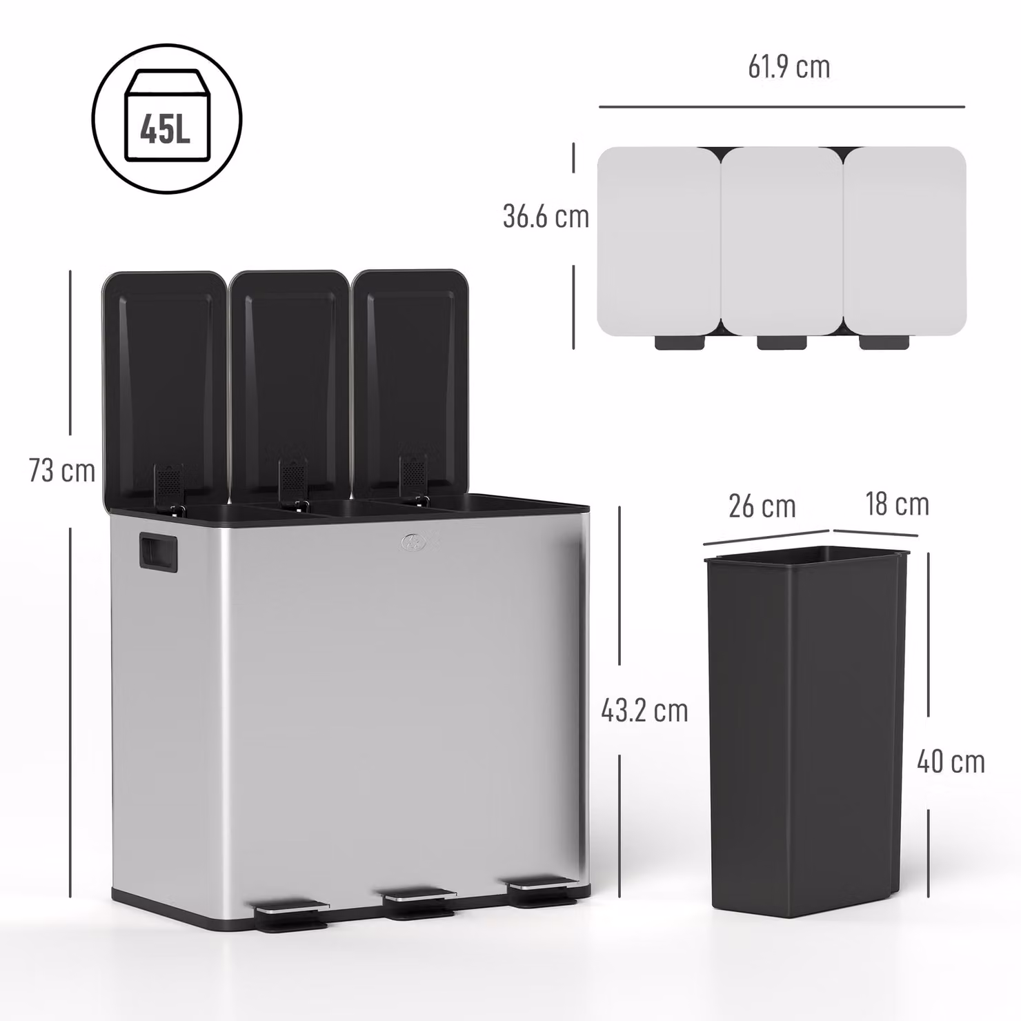 HOMCOM Triple Kitchen Pedal Bin, 3 x 15L Stainless Steel Silver Bin with Soft Close Lids and Removable Inner Buckets – 2