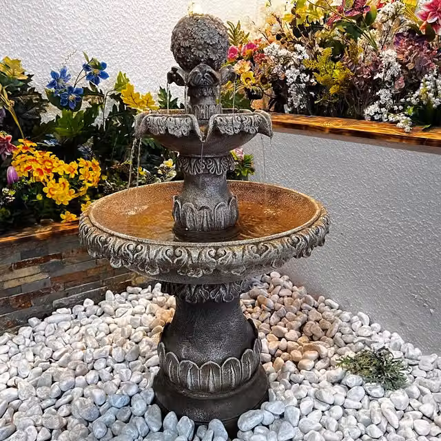 Tranquillity Water Features Ornate Round Bird Bath Traditional Mains Water Fountain in Grey Resin