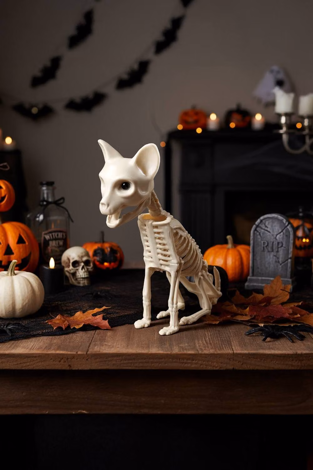 Garden Sanctuary Spooky Cat Skeleton Figurine in Beige and White for Halloween Tabletop Decor – 2