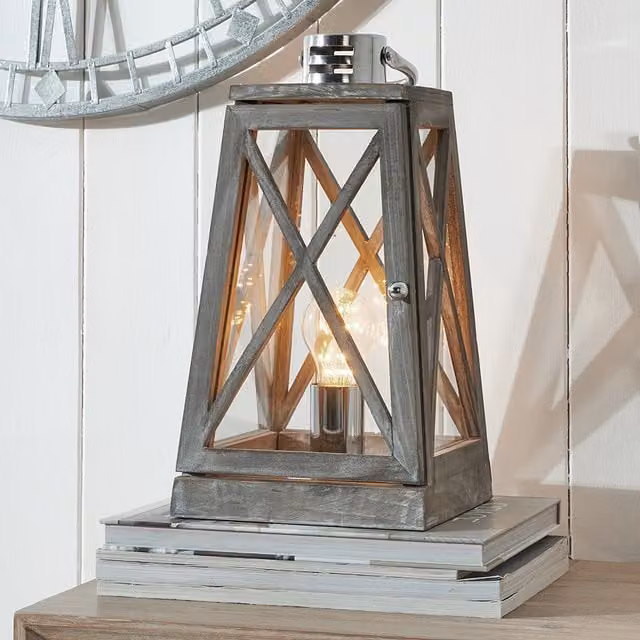 Pacific Lifestyle Rustic Square Tabletop Lantern Lamp in Grey Wood and Chrome