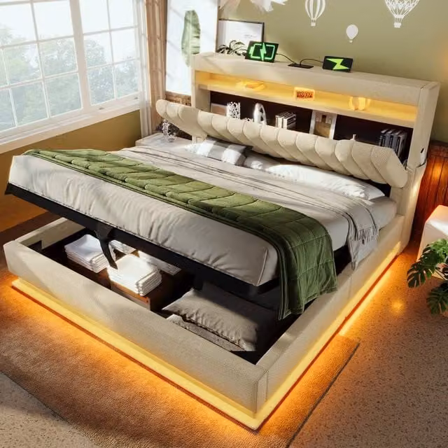 ModernLuxe Ottoman Double Storage Bed with LED Lighting, USB Charging Ports and Storage Headboard in Beige – 1