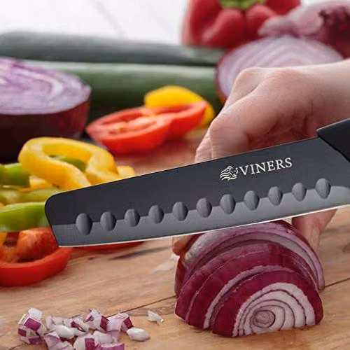 Viners Assure 6 inch Santoku Knife with Black Soft Grip Handle and Stainless Steel Non-Stick Blade – 4