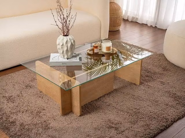 Vente-unique AZRA Tempered Glass Coffee Table in Transparent and Light Natural, W/D/H: 65 x 65 x 30 cm – 1