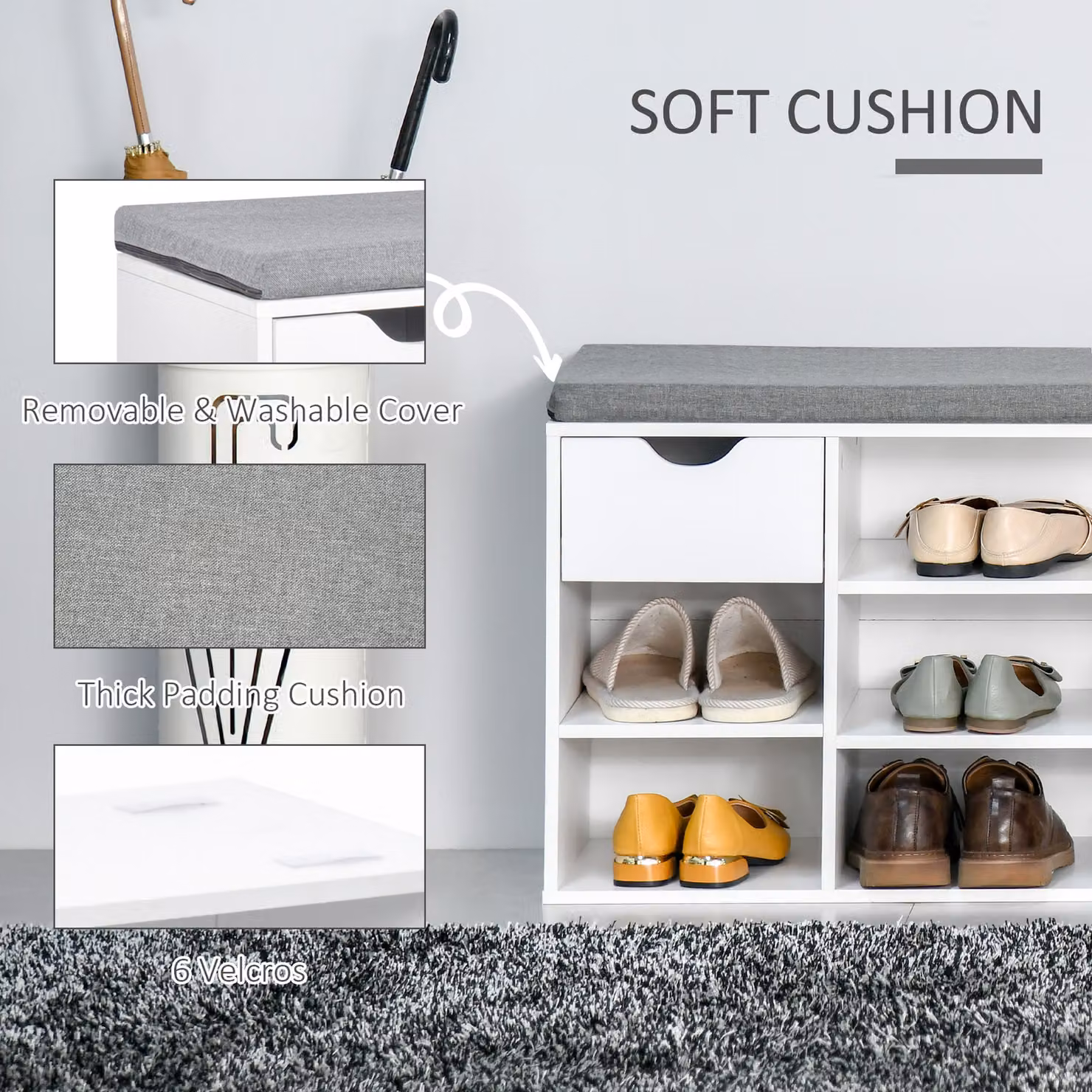 HOMCOM Shoe Storage Bench with Cushion, 7 Compartments, Adjustable Shelves and Drawer, White and Grey – 2