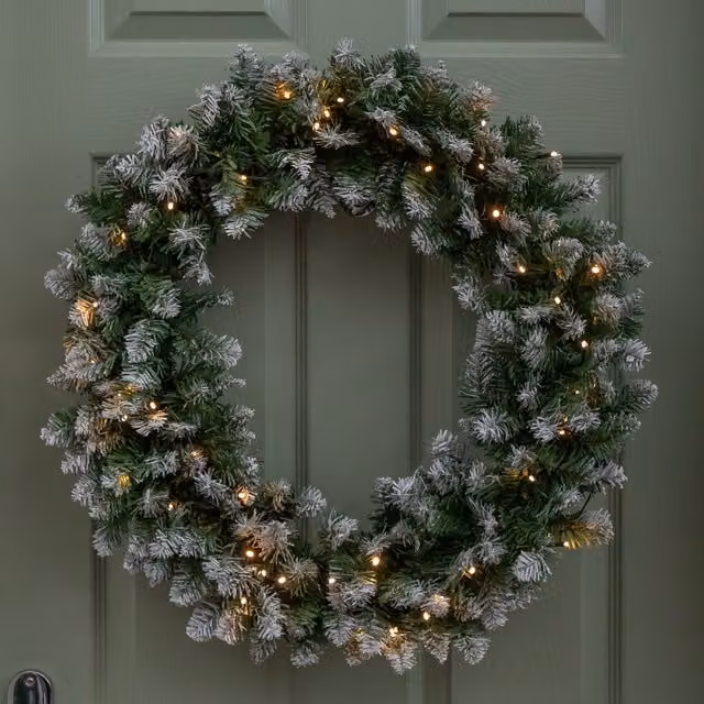 Samuel ALEXANDER Green Snow Tipped Christmas Wreath with 50 Warm White LEDs, 160 Bullet Tips, Diameter: 60 cm