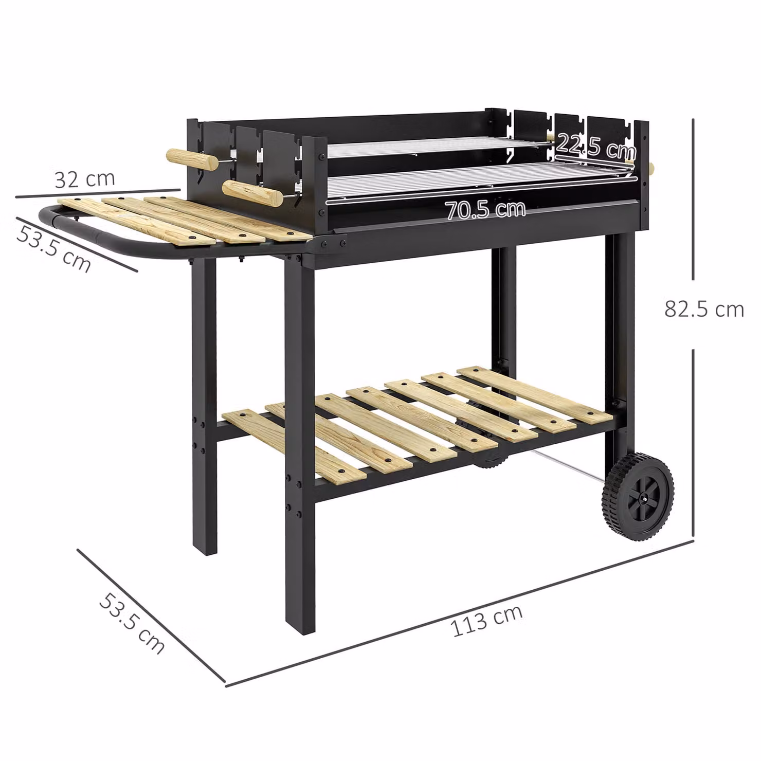 Outsunny Charcoal BBQ Grill Trolley in Black with Double Adjustable Grill, Side Table, Storage Shelf and Wheels – 3