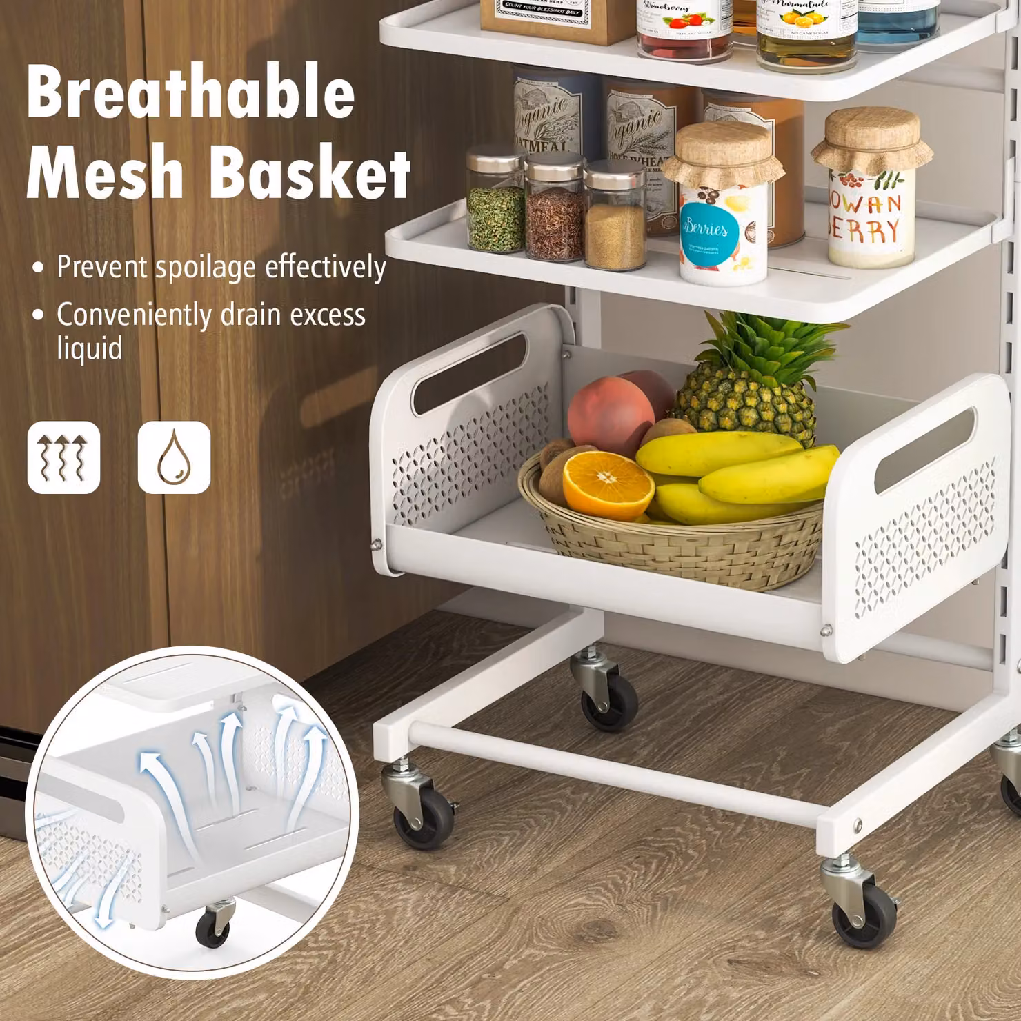 Costway 4 Tier Metal Kitchen and Bathroom Utility Storage Trolley with Adjustable Shelves in White – 4