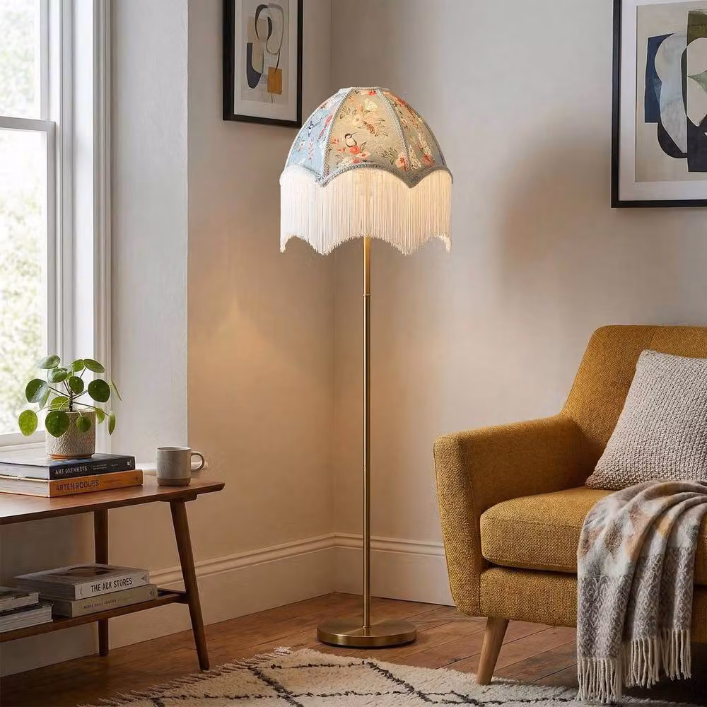 Happy Homewares Vintage Duck Egg Blue Fabric Dome Lamp Shade with Floral and Bird Decor, Diameter: 35 cm – 2