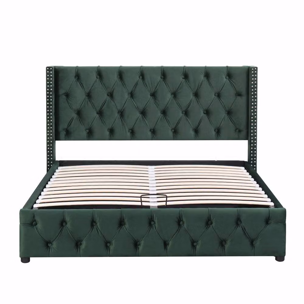 Rolipo Modern Upholstered Velvet Double Bed in Green with Lift Up Base, W/D/H: 140 x 200 cm – 6