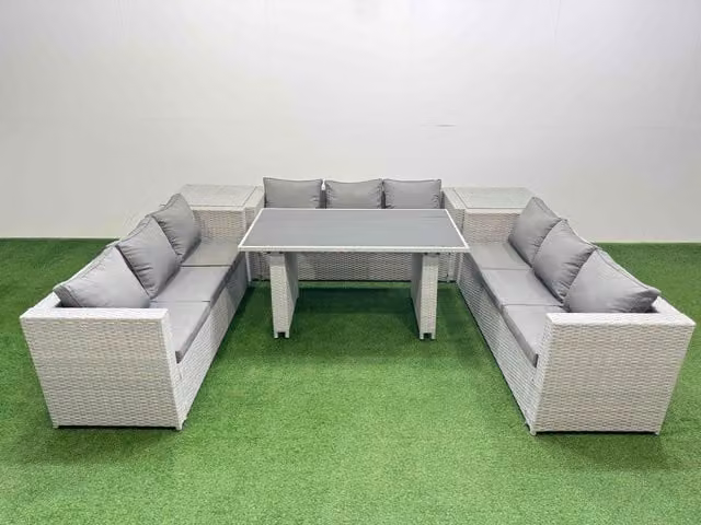 Fimous Outdoor Garden Furniture Set with Black Glass Top Dining Table in Light Grey