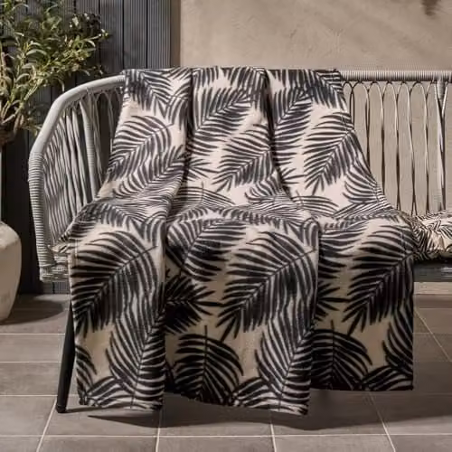 OHS Floral Fleece Throw Blanket with Palm Leaf Print in Beige and Black, W/D/H: 120 x 150 cm – 1