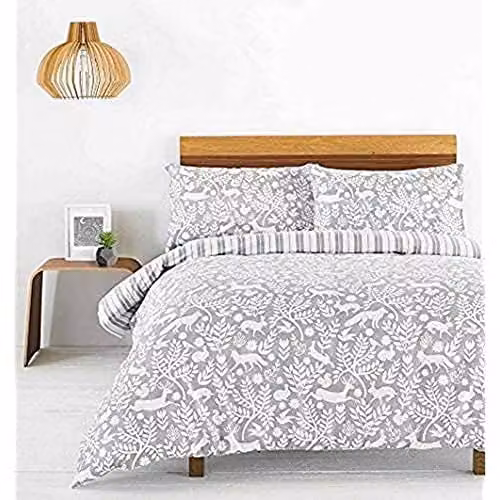 YOULEY Scandinavian Animal Flannelette Cotton Duvet Cover and Pillowcase Set, Grey, W/D/H: 230 x 220 x 180 cm