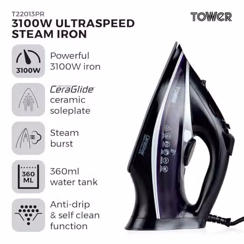 Tower Steam Iron with Ceramic Non-Stick Soleplate and Anti-Calc System, Purple – 2