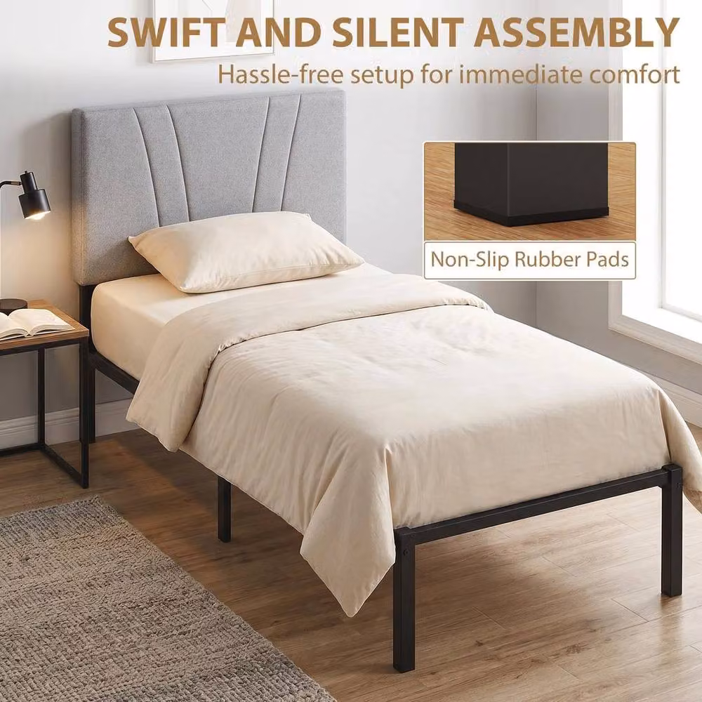 NESTLUNE Single Bed Frame with Upholstered Headboard in Black, W/D/H: 90 x 190 cm – 3