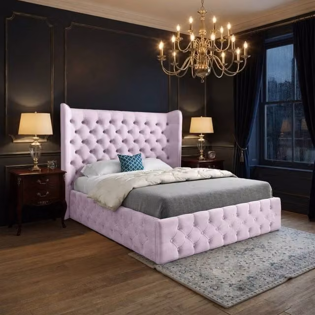 KDMD Lawford Wide Winged Upholstered Pink Soft Velvet Designer Bed Frame, W/D/H: 90 x 190 x 137 cm