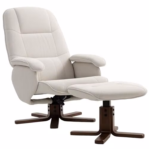 HOMCOM Beige Fabric Swivel Recliner Chair with Ottoman and Solid Wood Frame