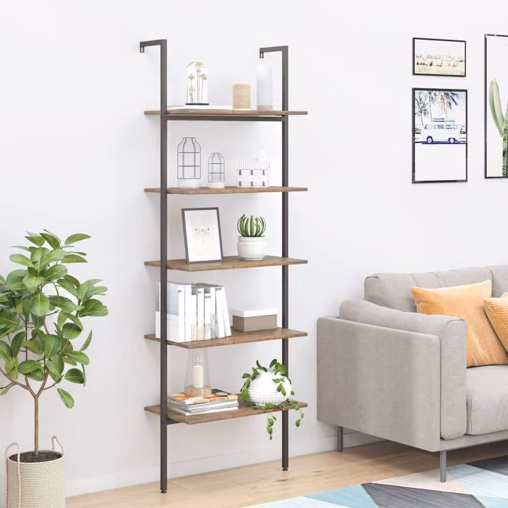 Berkfield Home 5-Tier Industrial Leaning Ladder Shelf in Dark Brown and Black, W/D/H: 64 x 35 x 185 cm – 2