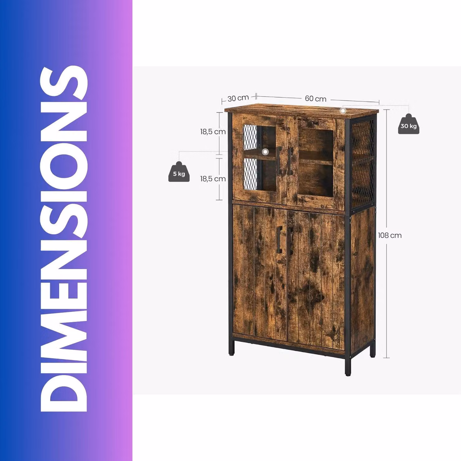 FURNOS Industrial Multipurpose Kitchen Sideboard Buffet Cabinet with Glass Doors in Brown and Black – 3