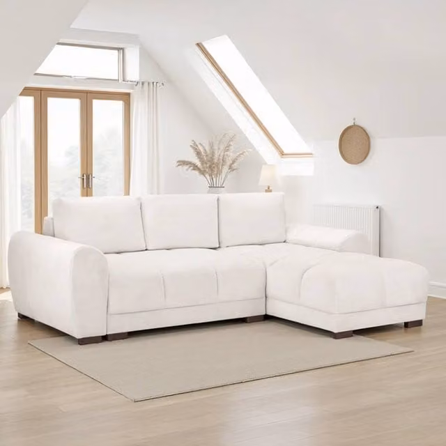 Furnishings For Less UK Zura Cream Fabric Large 3 Seater L Shaped Universal Corner Sofa Bed with Pull Out Drawer and Sleeping Function