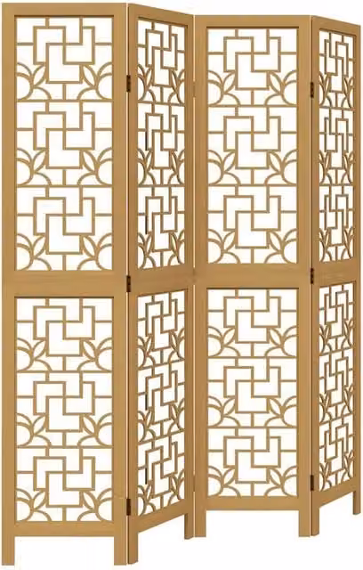 Berkfield Home 4-Panel Room Divider in Light Tan Brown Solid Paulownia Wood – 1