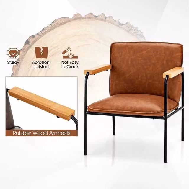 Kelvenix Brown PU Leather Accent Chair with Armrests and Metal Frame