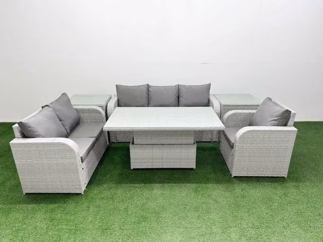 Fimous Patio 6 Seater Grey Rattan Outdoor Furniture Set with Upholstered Cushions, 3 Seater Sofa, 2 Seater Sofa, Armchair and Adjustable Coffee Table