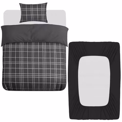 Grace 3 Piece Single Microfibre Duvet Cover Set with Fitted Sheet and Pillowcase, Reversible and Breathable, Black/Anthracite/Grey, W: 135 cm, H: 200 cm, Fitted Sheet: 90 x 190 cm, Depth: 40 cm