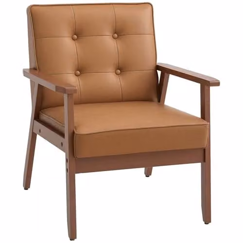 HOMCOM Retro PU Leather Armchair with Armrests and Solid Rubberwood Frame in Brown