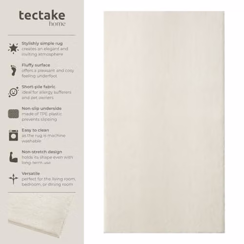 tectake Allergy-Friendly Fluffy Rug in Beige and White, Washable and Non-Slip Polyester Carpet, W/D/H: 150 x 80 x 1.5 cm – 2