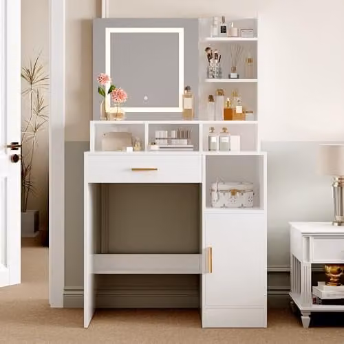 MCC Direct White Modern Dressing Table with Hollywood LED Mirror and Storage W/D/H: 140 x 80 x 40 cm