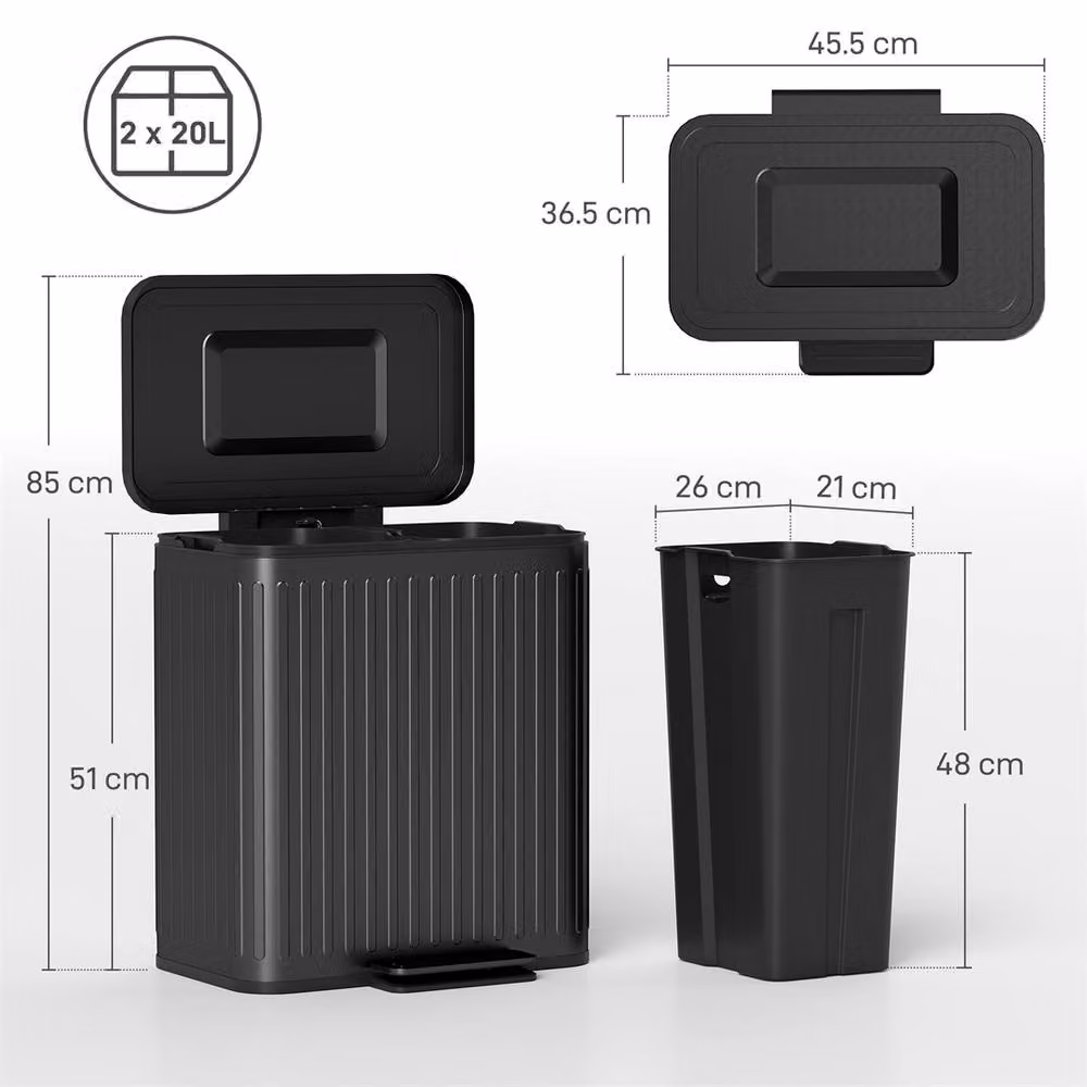 EONLION Black Double Kitchen Pedal Bin with 2 x 20L Capacity, Width: 100 cm – 2