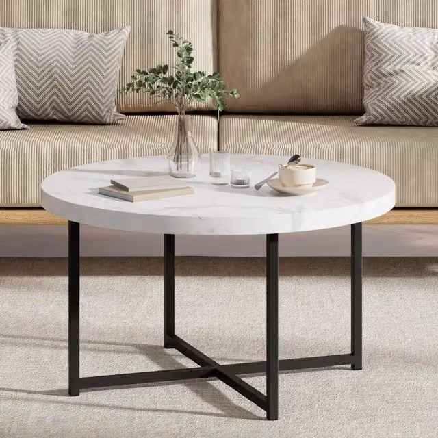 VonHaus Round Living Room Coffee Table with X-Frame Metal Base