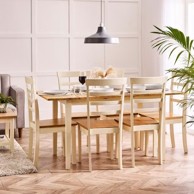 FurnitureboxUK Salcombe Large Rectangular Oak Wood Dining Table and 6 Whitby Dining Chairs in Brown and Beige