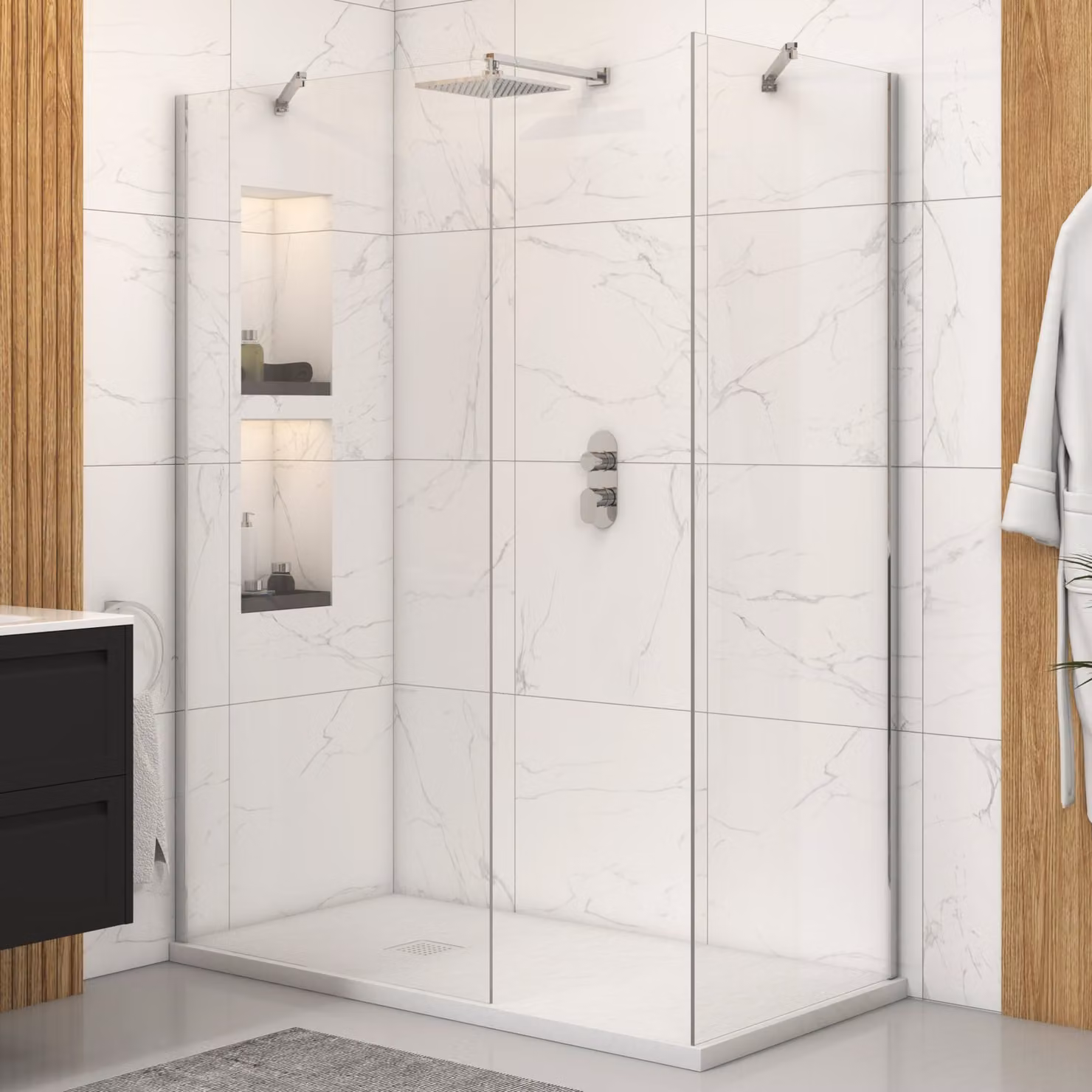 Royal Bathrooms Marbella Walk In Shower Enclosure with White Slate Effect Stone Tray, W/D: 170 x 70 cm, 8mm Clear Easy Clean Glass