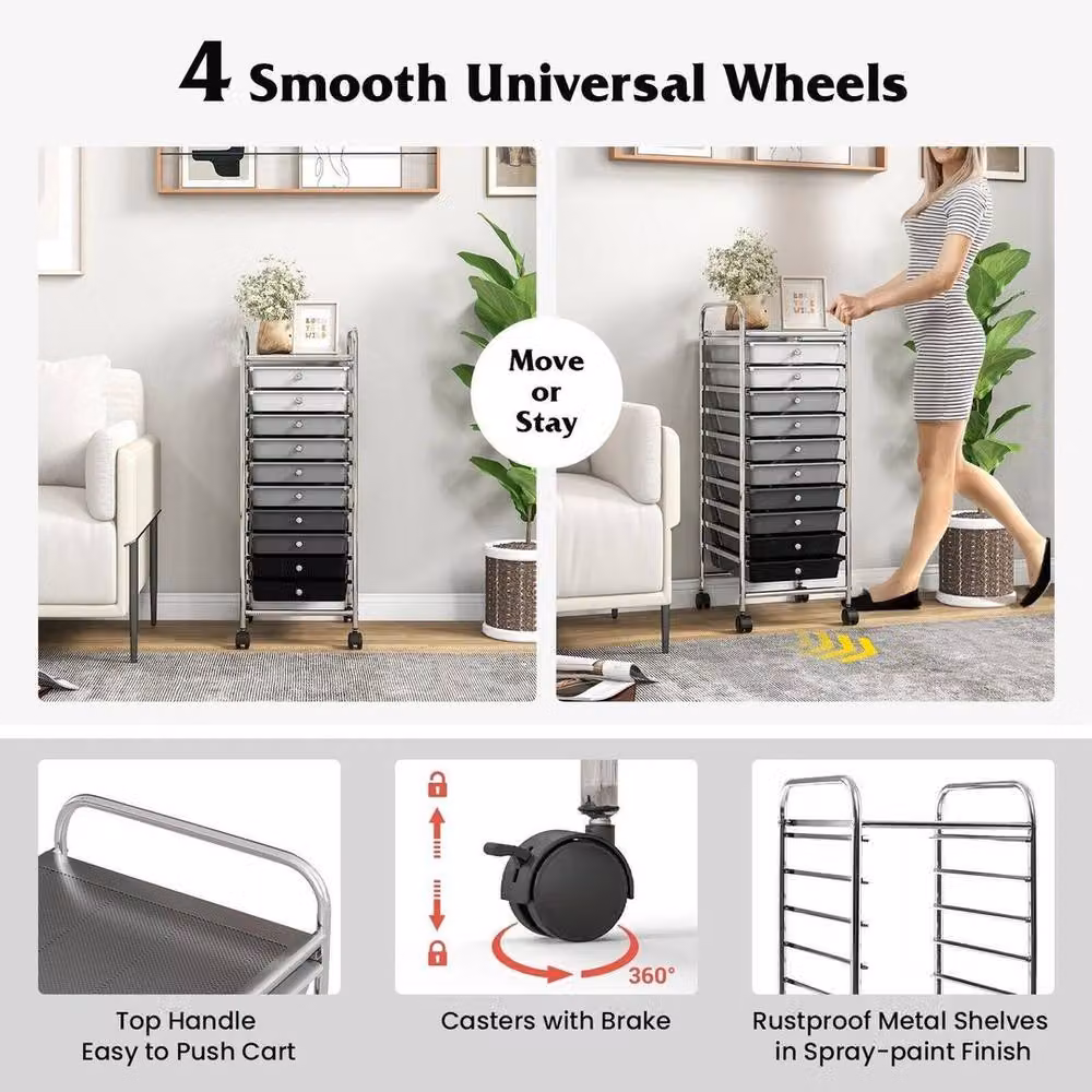 SPETLEK 10 Drawer Metal Storage Trolley Mobile Rolling Utility Organiser in Grey – 6