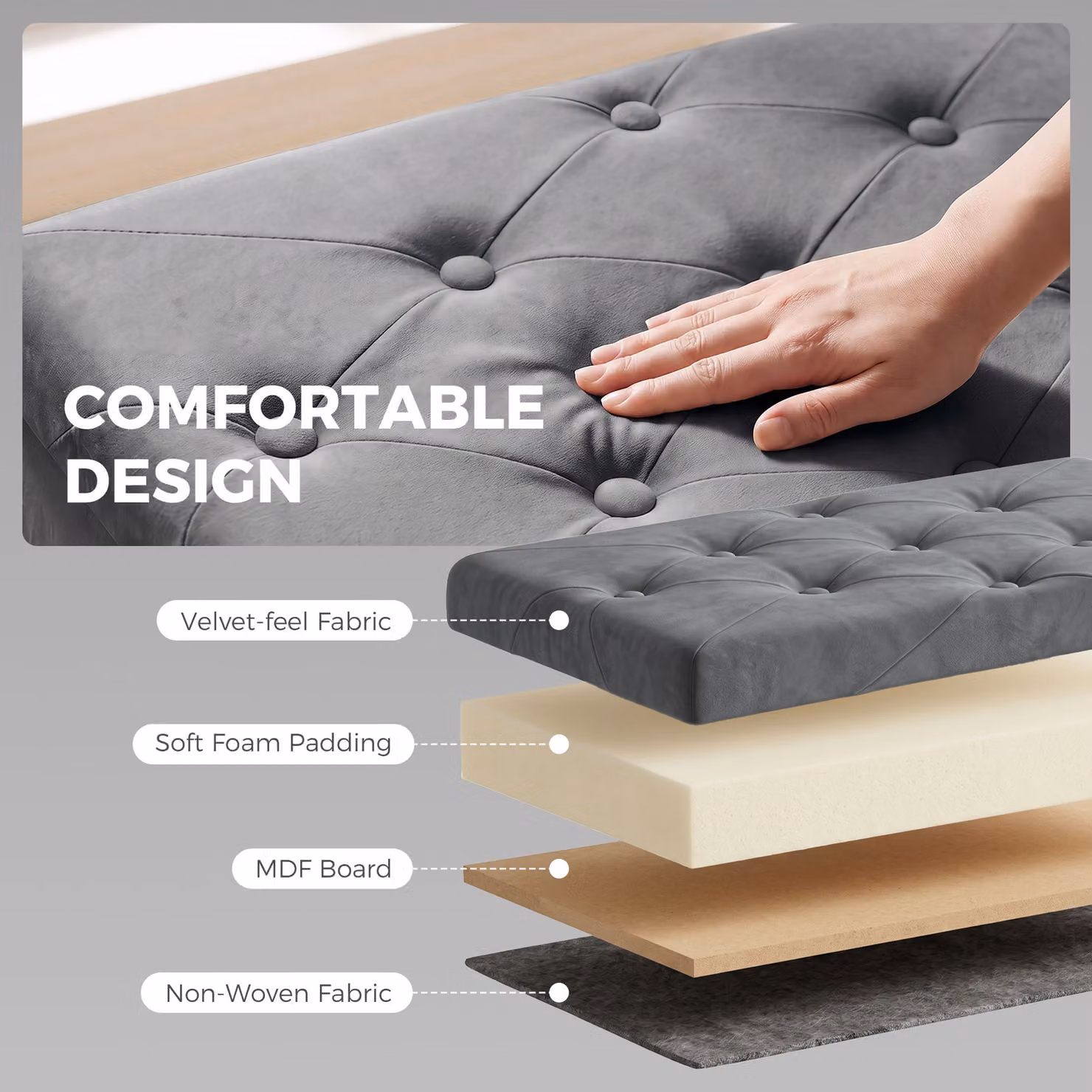 HOMCOM Grey Velvet Upholstered Foldable Storage Ottoman Bench with Wood Legs – 5