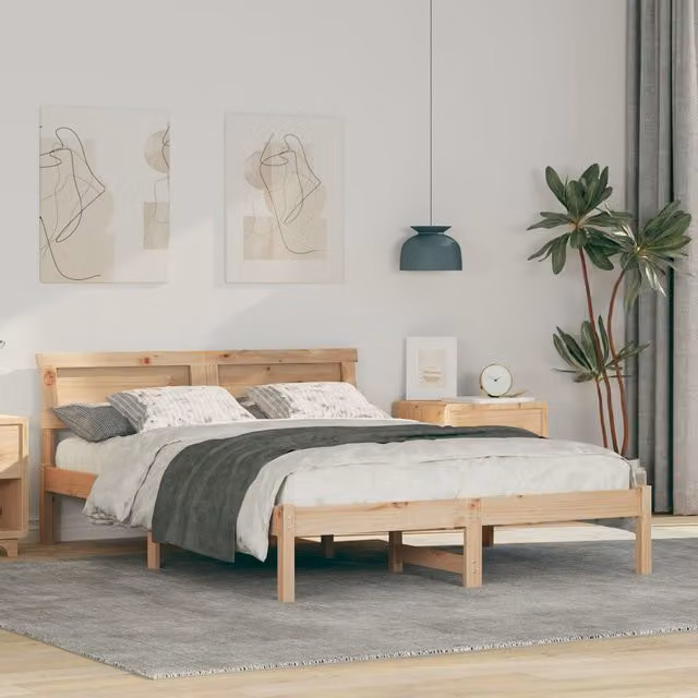 Berkfield Home Modern Pine Wood Bed with LED Strip Lights and Headboard, Brown, W/D/H: 140 x 190 cm