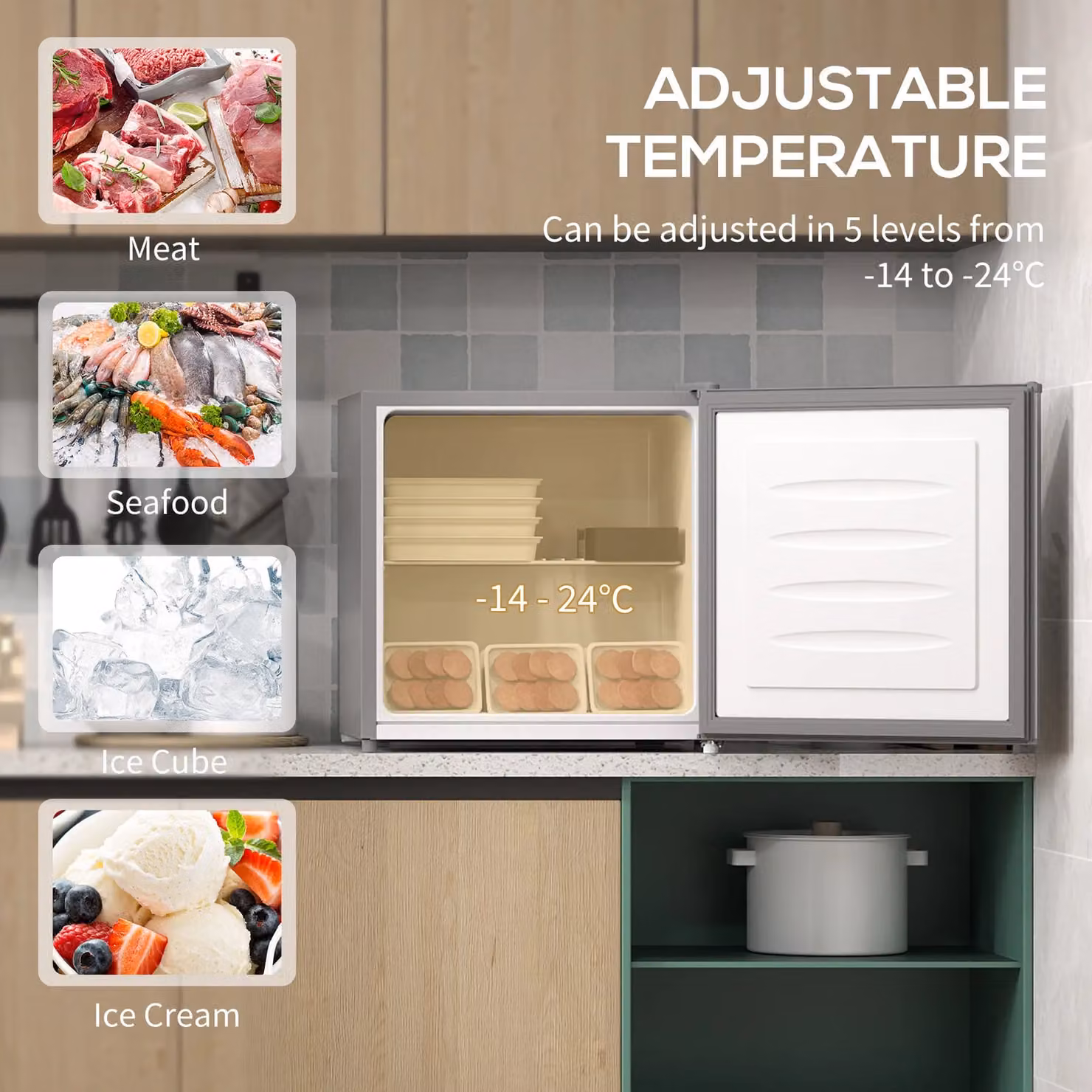HOMCOM 35L Grey Tabletop Upright Freezer with Removable Wire Shelf and Lockable Door – 3